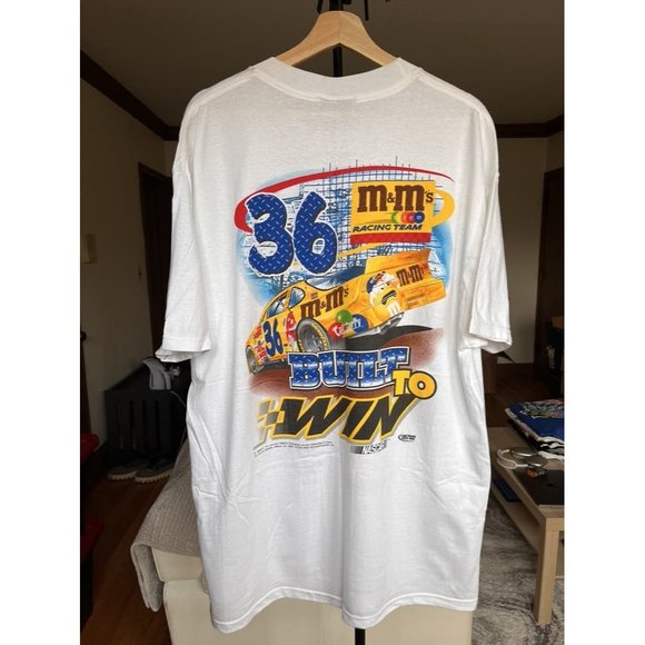 VINTAGE NASCAR M&M CARTOON KEN SCHRADER WHITE T SHIRT SIZE LARGE 90S Y2K HYPE - Picture 3 of 8